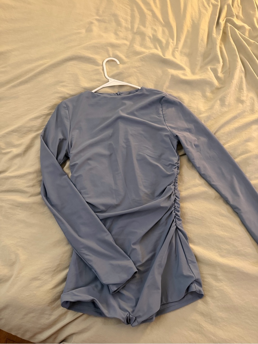 Fashion Nova Dusty Blue Long Sleeve Ruched Side Top